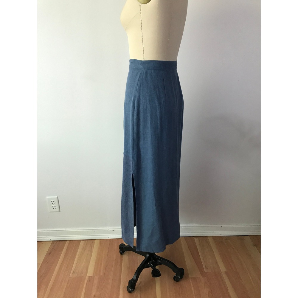Blue Linen-Look Maxi Skirt Button Front High Waisted Side Slit 4 - Picture 6 of 8